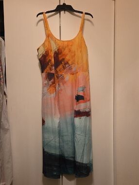 BloomChic Sunset Coral Aqua Abstract Maxi Dress